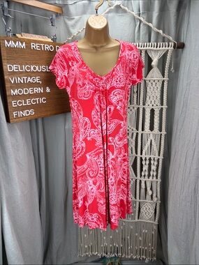 fresh produce Coral  Paisley Short-Sleeve with Gathered V neckline Dress | S